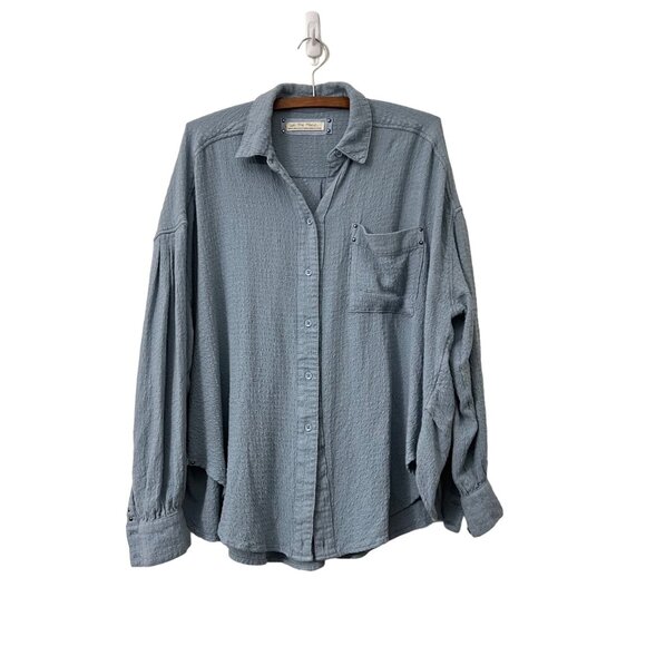 We The Free Womens Blue Waffle Knit Long Sleeve Oversized Button Shirt Size XS - Picture 1 of 7